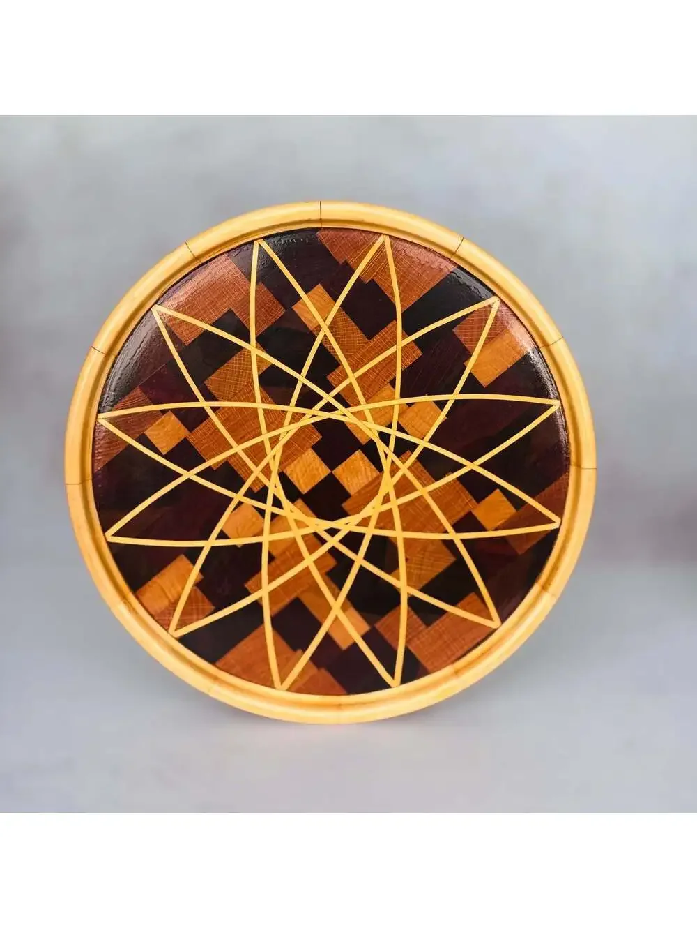 Signed Segmented Wood Platter 2014 | Handmade Inlaid Star Art Serving Tray